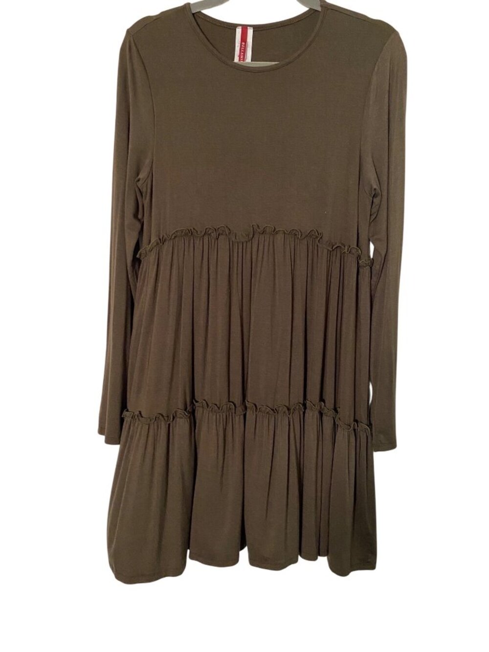 Bellamie Women's L Olive Green Dress Tiered Rayon Knit Long Sleeves Peasant NEW